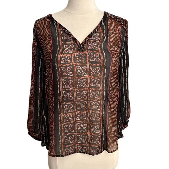 Lucky Brand Sheer Boho Peasant Blouse Large Black Red Print Flowy Top - Picture 1 of 5